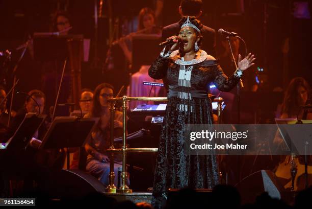 Brown Lindiwe Mkhize sings at 'Magic At The Musicals' concert, held at Royal Albert Hall on May 21, 2018 in London, England.