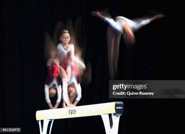 Grace Gullo of Queensland competes on the Beam during the 2018 Australian Gymnastics Championships at Hisense Arena on May 22, 2018 in Melbourne,...