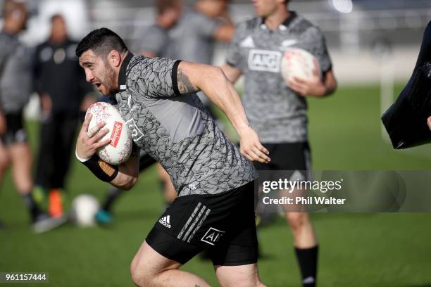 Jeffery Toomaga-Allen of the All Blacks runs the ball during a New Zealand All Blacks training session at Auckland Blues HQ on May 22, 2018 in...