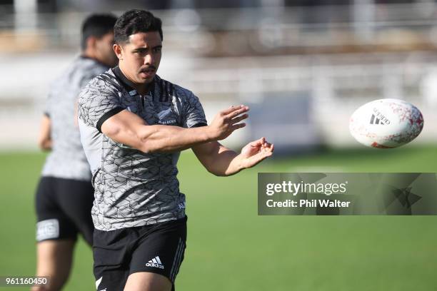 Anton Lienert-Brown of the All Blacks passes during a New Zealand All Blacks training session at Auckland Blues HQ on May 22, 2018 in Auckland, New...