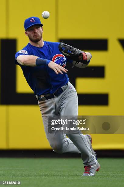 Ian Happ of the Chicago Cubs fields a ground ball against the Cincinnati Reds at Great American Ball Park on May 19, 2018 in Cincinnati, Ohio. Ian...