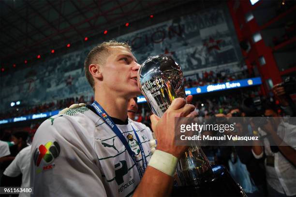 Julio Furch of Santos kisses the trophy to celebrate after the Final second leg match between Toluca and Santos Laguna as part of the Torneo Clausura...