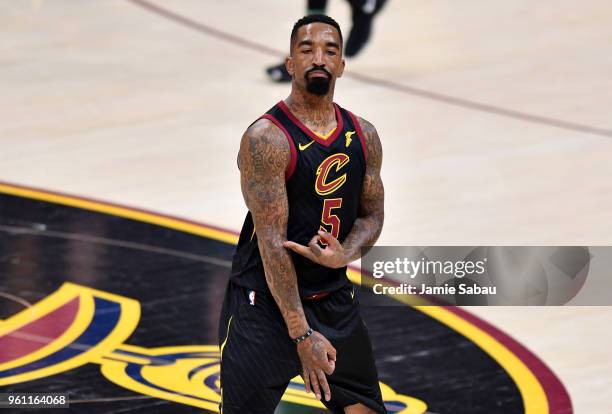 Smith of the Cleveland Cavaliers reacts after a basket in the first quarter against the Boston Celtics during Game Four of the 2018 NBA Eastern...