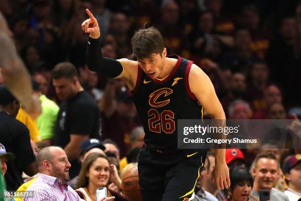 Kyle Korver of the Cleveland Cavaliers reacts after a basket in the second quarter against the Boston Celtics during Game Four of the 2018 NBA...