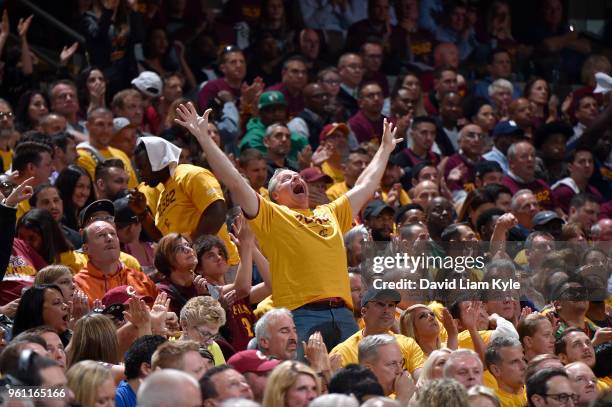 Cleveland Cavaliers fan reacts during game against Boston Celtics during Game Four of the Eastern Conference Finals of the 2018 NBA Playoffs on May...