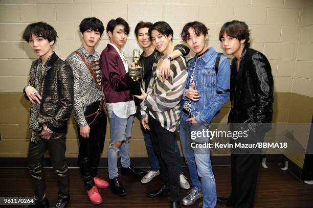 Musical group BTS, winners of the Top Social Artist award, attend the 2018 Billboard Music Awards at MGM Grand Garden Arena on May 20, 2018 in Las...