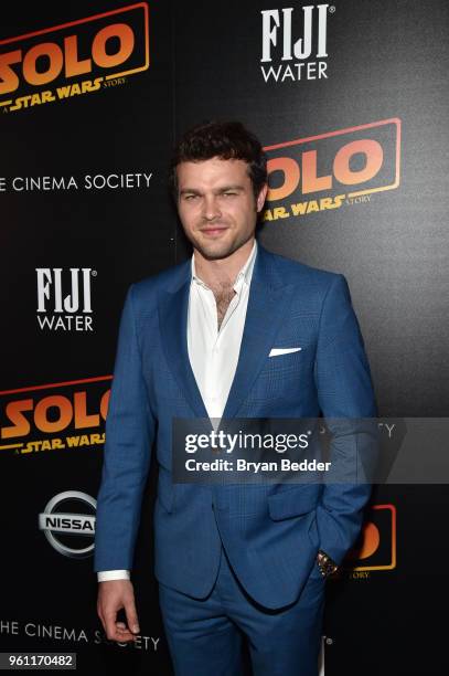 Actor Alden Ehrenreich attends FIJI Water with the Cinema Society host a screening of "Solo: A Star Wars Story" at SVA Theater on May 21, 2018 in New...