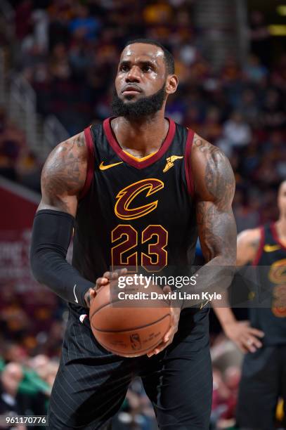LeBron James of the Cleveland Cavaliers shoots the ball during game against the Boston Celtics during Game Four of the Eastern Conference Finals of...