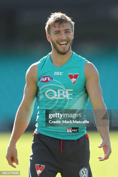 Kieren Jack of the Swans smiles during a Sydney Swans AFL training session at Sydney Cricket Ground on May 22, 2018 in Sydney, Australia.