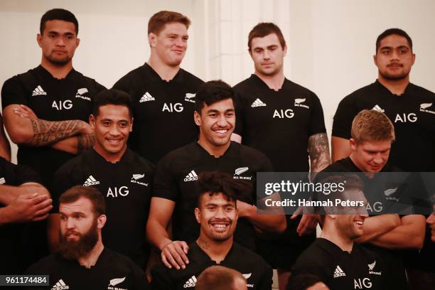 Shannon Frizell and Reiko Ioane of the New Zealand All Blacks squad pose for a team photo on May 21, 2018 in Auckland, New Zealand.