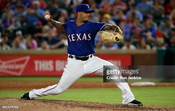Matt Bush of the Texas Rangers throws against the New York Yankees during the sixth inning at Globe Life Park on May 21, 2018 in Arlington, Texas.