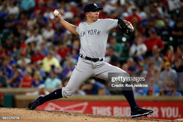Chad Green of the New York Yankees delivers against the Texas Rangers during the sixth inning at Globe Life Park on May 21, 2018 in Arlington, Texas.