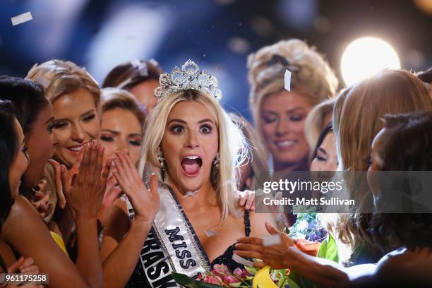 Miss Nebraska Sarah Rose Summers celebrates after winning the 2018 Miss USA Competition at George's Pond at Hirsch Coliseum on May 21, 2018 in...