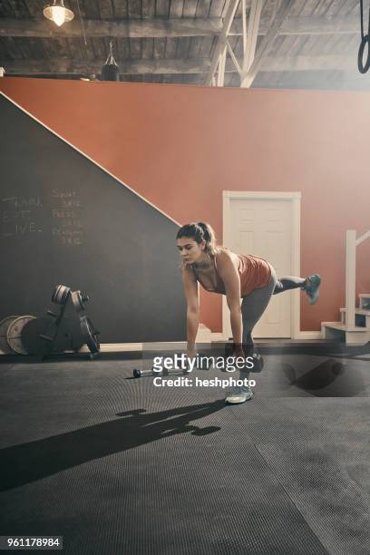 woman in gym exercising using dumbbells - heshphoto stockfoto's en -beelden