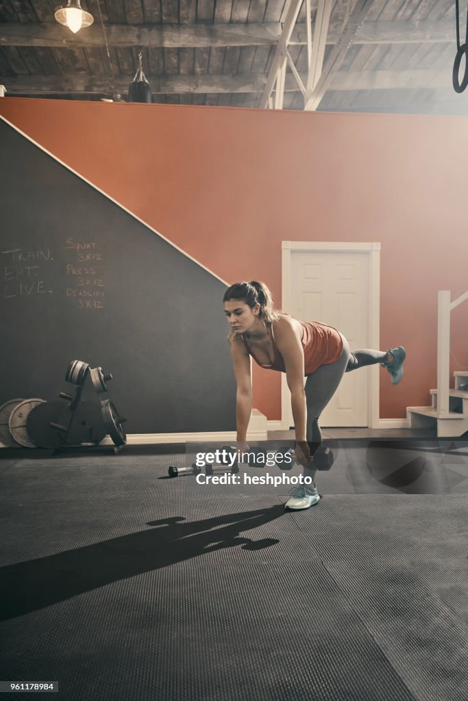 Woman in gym exercising using dumbbells