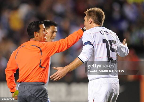 Team captain Jimmy Conrad appeals to the referee after being sent off during their international friendly against the Honduras at the Home Depot...