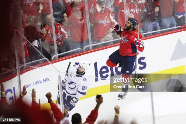 Devante Smith-Pelly of the Washington Capitals celebrates his goal in the third period against the Tampa Bay Lightning in Game Six of the Eastern...