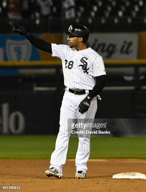 Leury Garcia of the Chicago White Sox reacts after hitting an RBI double against the Baltimore Orioles during the sixth inning on May 21, 2018 at...