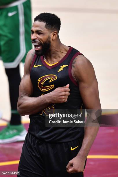 Tristan Thompson of the Cleveland Cavaliers reacts after a play in the second half against the Boston Celtics during Game Four of the 2018 NBA...