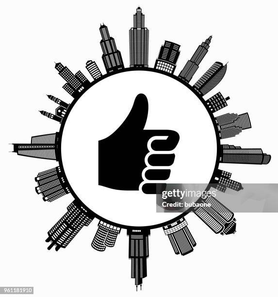 thumbs up  on modern cityscape skyline background - black thumbs up white background stock illustrations