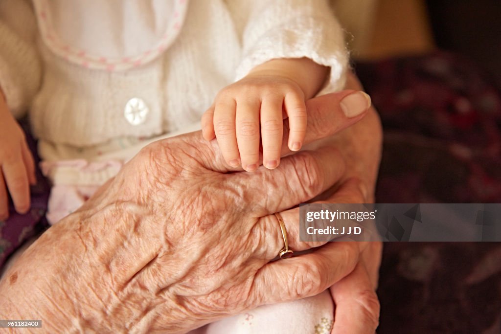 Senior woman holding baby great granddaughter, close up of hands