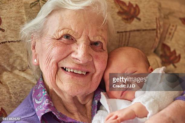 senior woman cradling baby great granddaughter on armchair, portrait - great grandmother photos et images de collection