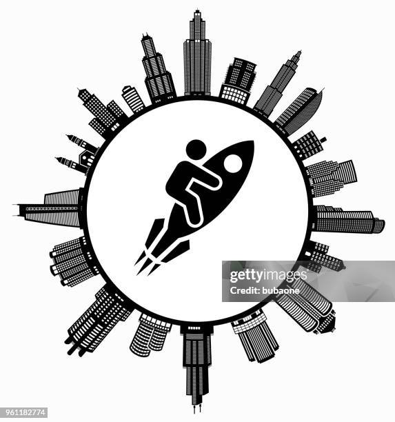 rocket on modern cityscape skyline background - spaceship window stock illustrations
