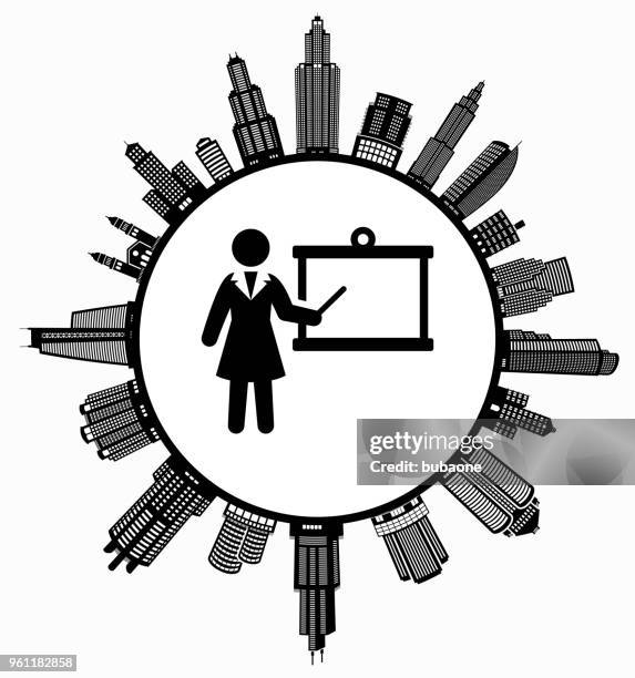 presentation on modern cityscape skyline background - equal housing symbol stock illustrations