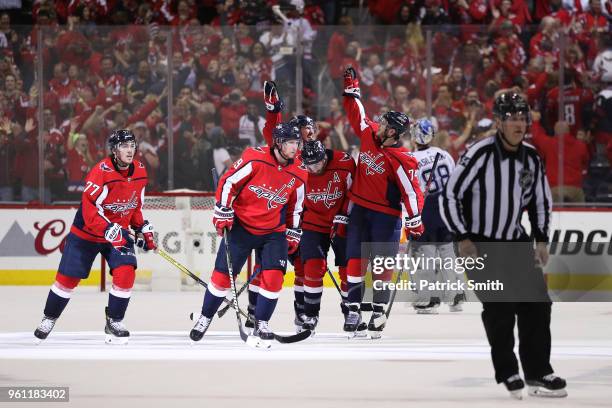 The Washington Capitals celebrate dueing their 3-0 win over the Tampa Bay Lightning in Game Six of the Eastern Conference Finals during the 2018 NHL...
