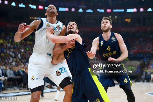 Walter Tavares, #22 of Real Madrid competes with Nikola Kalinic, #33 of Fenerbahce Dogus Istanbul during the 2018 Turkish Airlines EuroLeague F4...