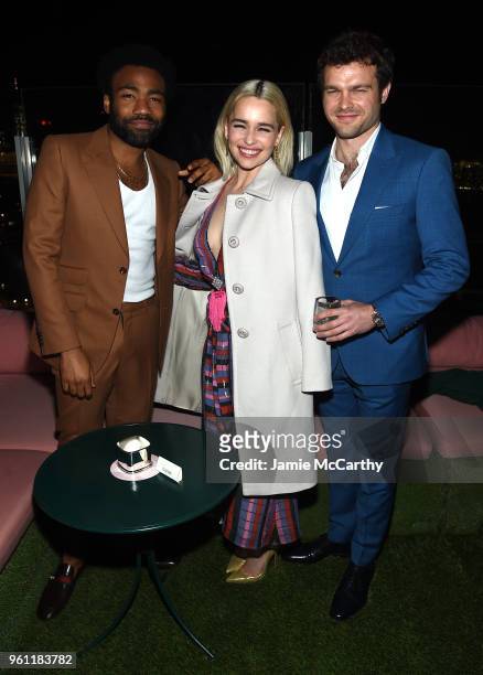 Donald Glover, Emilia Clarke and Alden Ehrenreich attend the "Solo: A Star Wars Story" New York Premiere - After Party on May 21, 2018 in New York...