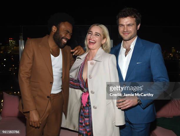 Donald Glover, Emilia Clarke and Alden Ehrenreich attend the "Solo: A Star Wars Story" New York Premiere - After Party on May 21, 2018 in New York...