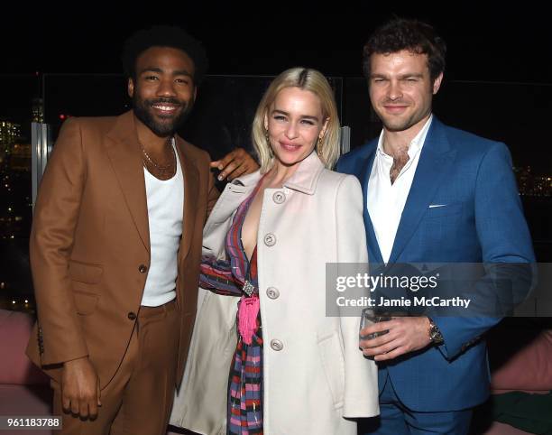 Donald Glover, Emilia Clarke and Alden Ehrenreich attend the "Solo: A Star Wars Story" New York Premiere - After Party on May 21, 2018 in New York...