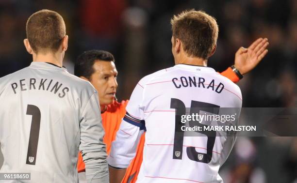 Team captain Jimmy Conrad appeals to the referee after being sent off during their international friendly against the Honduras at the Home Depot...