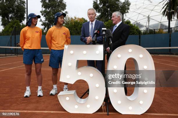 Craig Tiley, Tennis Australia CEO is seen during a press conference at Melbourne Park on May 22, 2018 in Melbourne, Australia. Ken Rosewall,...