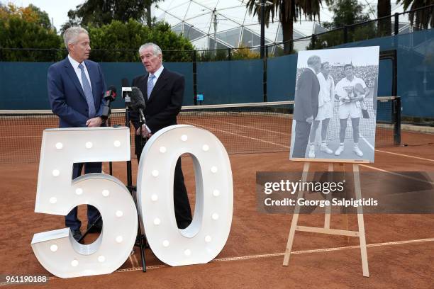 Craig Tiley, Tennis Australia CEO is seen during a press conference at Melbourne Park on May 22, 2018 in Melbourne, Australia. Ken Rosewall,...