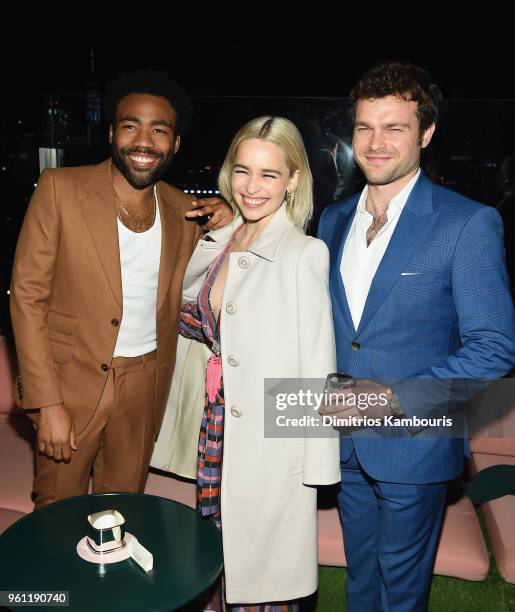 Donald Glover, Emilia Clarke and Alden Ehrenreich attend the 'Solo: A Star Wars Story' New York Premiere - After Party on May 21, 2018 in New York...