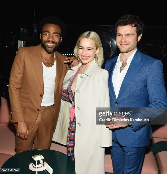 Donald Glover, Emilia Clarke and Alden Ehrenreich attend the 'Solo: A Star Wars Story' New York Premiere - After Party on May 21, 2018 in New York...
