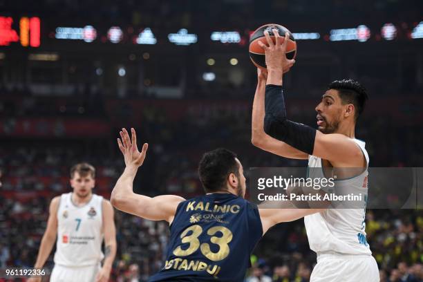 Gustavo Ayon, #14 of Real Madrid competes with Nikola Kalinic, #33 of Fenerbahce Dogus Istanbul during the 2018 Turkish Airlines EuroLeague F4...