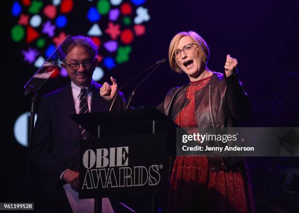 William Ivey Long and Heather Hitchens on stage at the The 63rd Annual Obie Awards at Terminal 5 on May 21, 2018 in New York City.