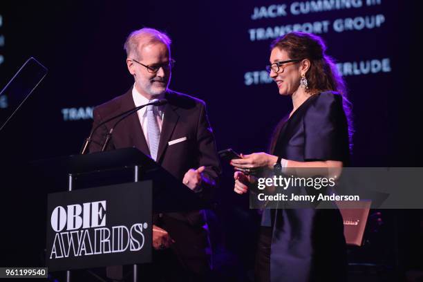 Jack Cummings iii and Lori Fineman accept an award onstage at The 63rd Annual Obie Awards at Terminal 5 on May 21, 2018 in New York City.