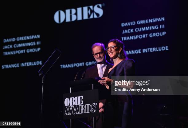 Jack Cummings iii and Lori Fineman accept an award onstage at The 63rd Annual Obie Awards at Terminal 5 on May 21, 2018 in New York City.