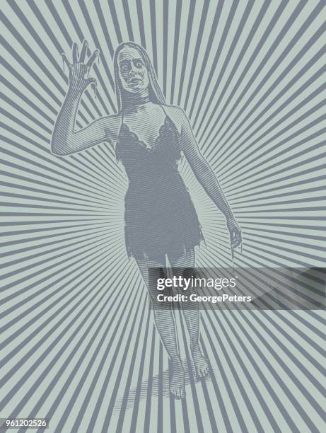 retro female zombie with halftone pattern background - bride walking stock illustrations