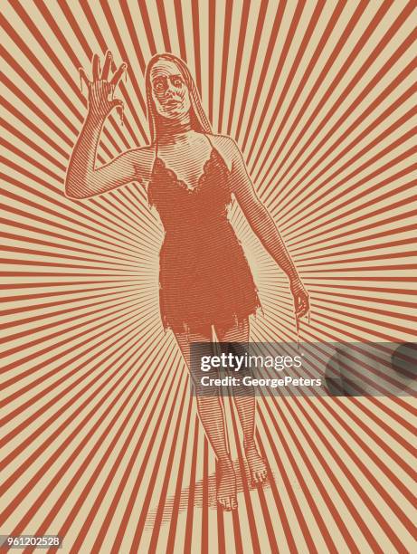 retro female zombie with halftone pattern background - bride walking stock illustrations