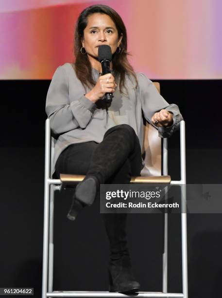 Writer Veena Sud speaks onstage at the Women in Entertainment and The Television Academy Foundation's Inaugural Women in Television Summit at Saban...