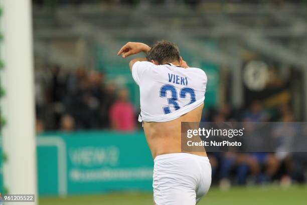 Christian Vieri celebrates after scoring during &quot;La partita del Maestro&quot; the farewell match by Andrea Pirlo at Giuseppe Meazza stadium on...