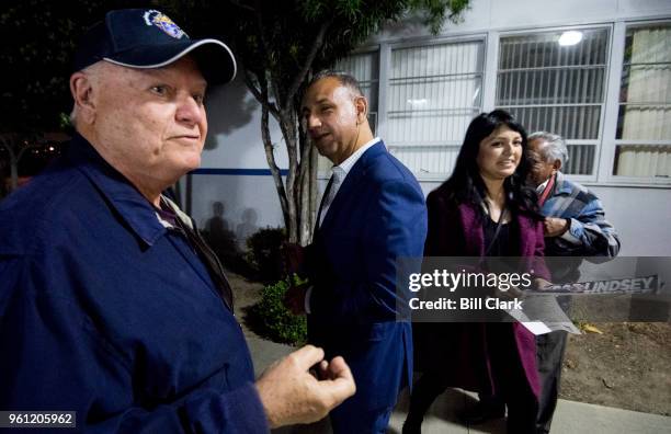 Gil Cisneros, Democrat running for California's 39th Congressional district seat in Congress, leaves the building after speaking at the Hacienda...