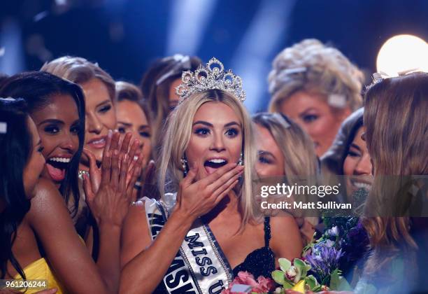 Miss Nebraska Sarah Rose Summers celebrates after winning the 2018 Miss USA Competition at George's Pond at Hirsch Coliseum on May 21, 2018 in...