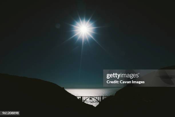 bright sun over sea and silhouette mountain - ビクスビークリーク ストックフォトと画像
