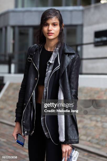 Model Nikki Vonsee in hair and makeup after a show wears all black during London Fashion Week Spring/Summer 2018 on September 17, 2017 in London,...